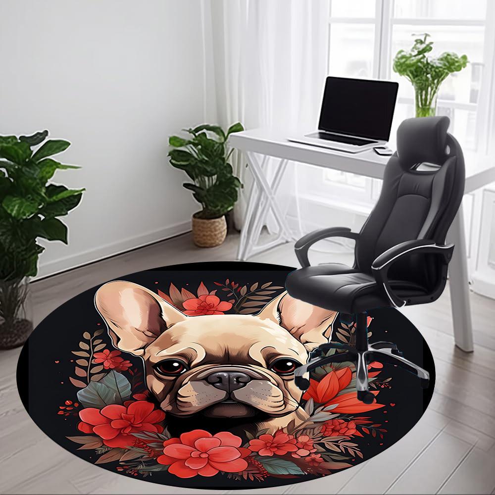 1pc French Bulldog Chair Carpet for Office, Round Non Slip Durable Large Size Office Carpet, Suitable for Office