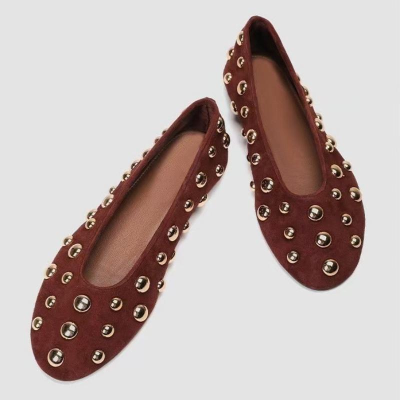 2025 New Style Rivet Round Head Flat Shoes Designer Luxury Solid Color Ballet Flat Mary Jane Slip On Soft Soled Women Flat Shoes