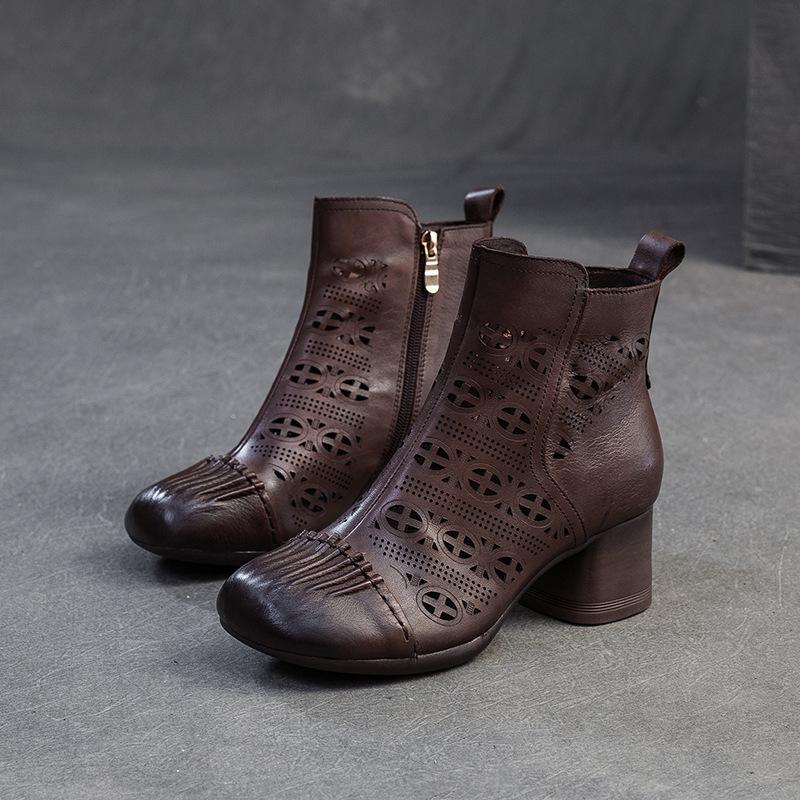 

GKITINOO 2025 Summer New Commuter Thick Heel Genuine Leather Hollow-out Breathable Short Boots Vintage Women s Shoes 250