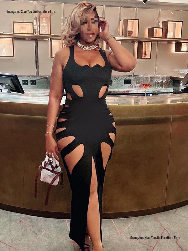 European Style 2026 Summer Women's Hollow Low Neck High Waist Slim Fit Slit Long Dress
