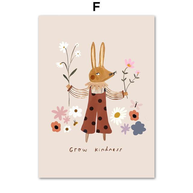 Dog Goose Rabbit Bear Fox Mouse Wildflower Cartoon Poster Wall Art Canvas Painting And Prints Wall Pictures Baby Kids Room Decor (with frame)