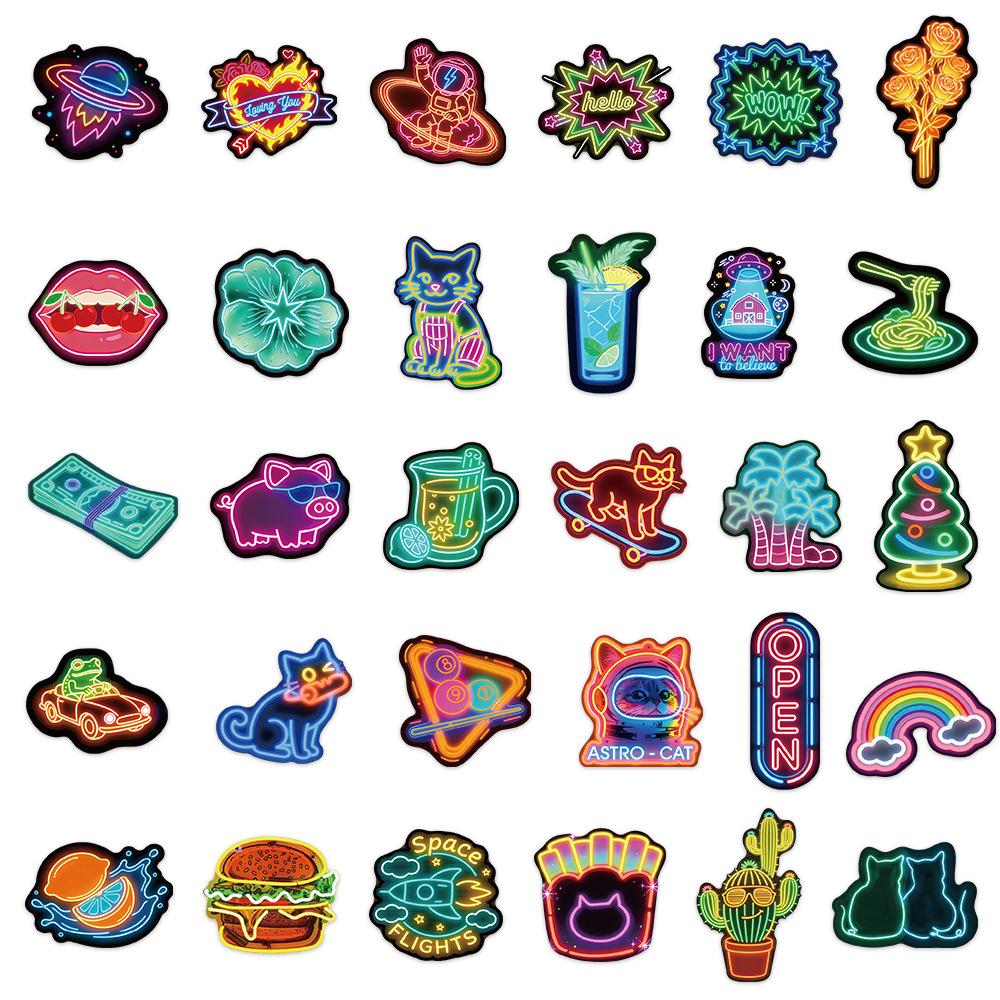 10/30/60pcs Cute Cartoon Animal Food Neon Light Stickers Funny Graffiti Sticker Skateboard Phone Notebook Decals Decoration Toy