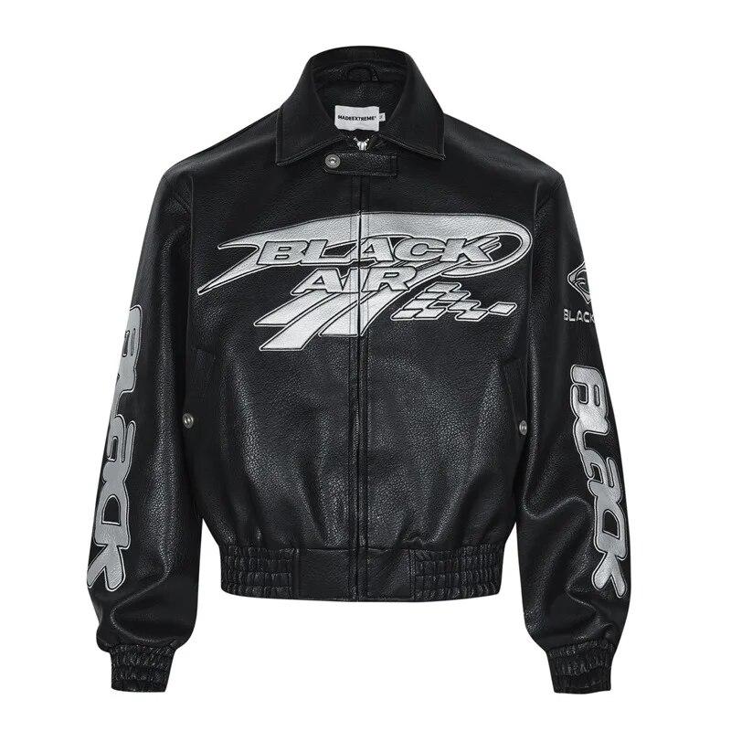

Letter Embroidery PU Leather Thick Jacket Men High Street Patchwork Motorcycle Jacket Autumn Casual Loose Lapel Outerwear Unisex