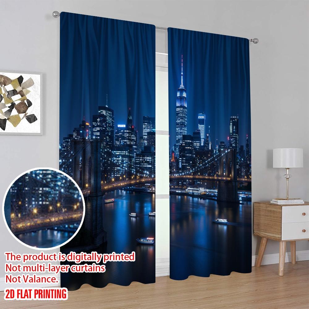 2D flat printing 2pcs Window Treatment Curtains skyline (3) Durable 100% Polyester Fabric  Without Electricity Festive Backdrops