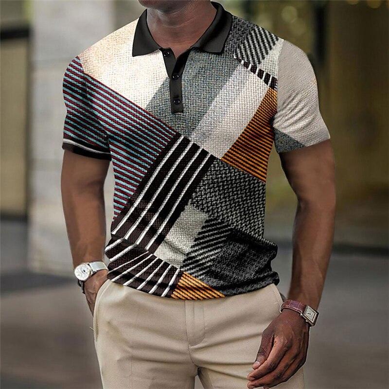 Geometric Grid and Stripe Splicing 3D Digital Printing Men's Comfortable Polo Shirt
