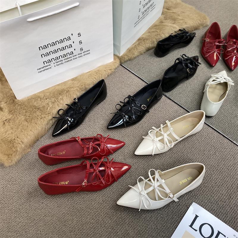 XINZHOU French Temperament Pointed Bow Single Shoes Women's 2025 New Spring Red Flat Mary Jane Shoes