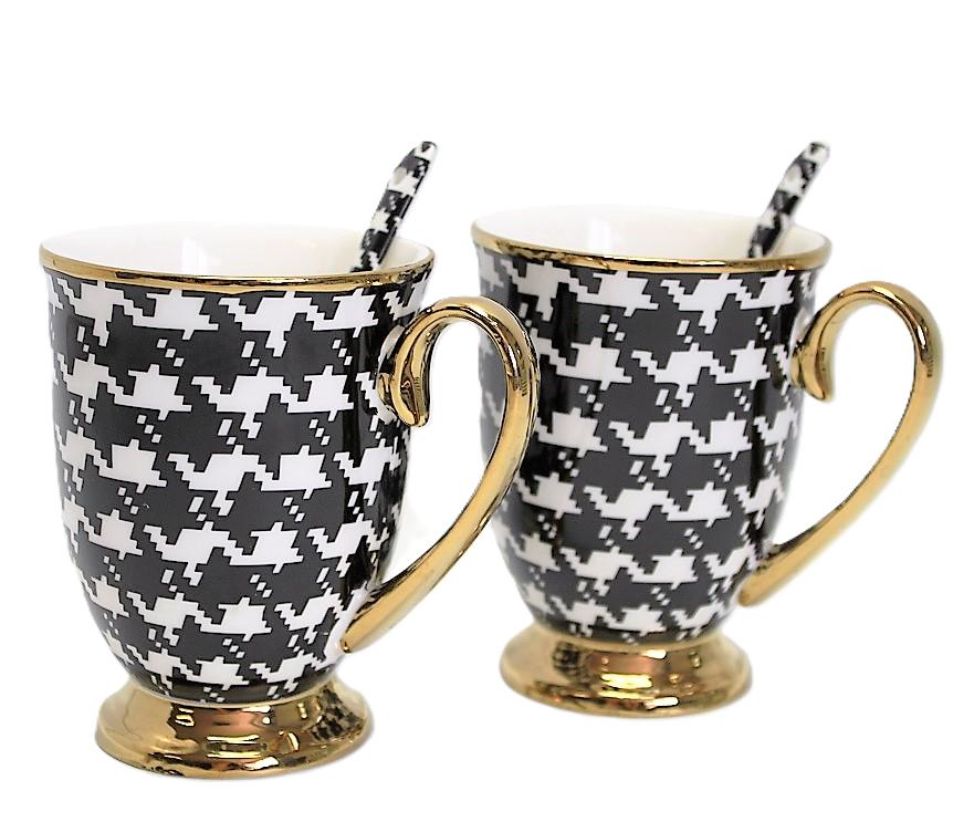 Porcelain Mugs with Spoons Set In a Gift Box Houndstooth Collection