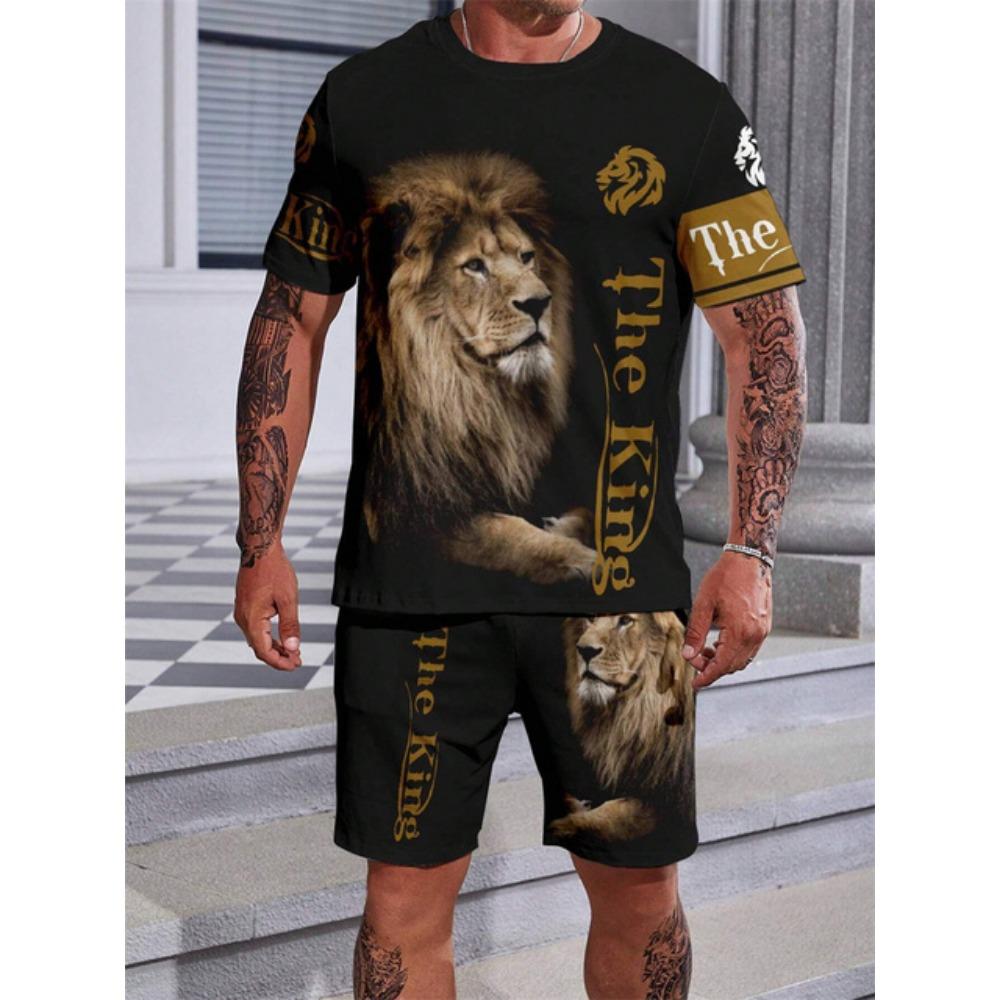New Crew Neck Short Sleeve T-shirt Fashion Shorts Set 3D Lion Print Short Sleeve Shorts 2-piece Men's Summer Sports Set