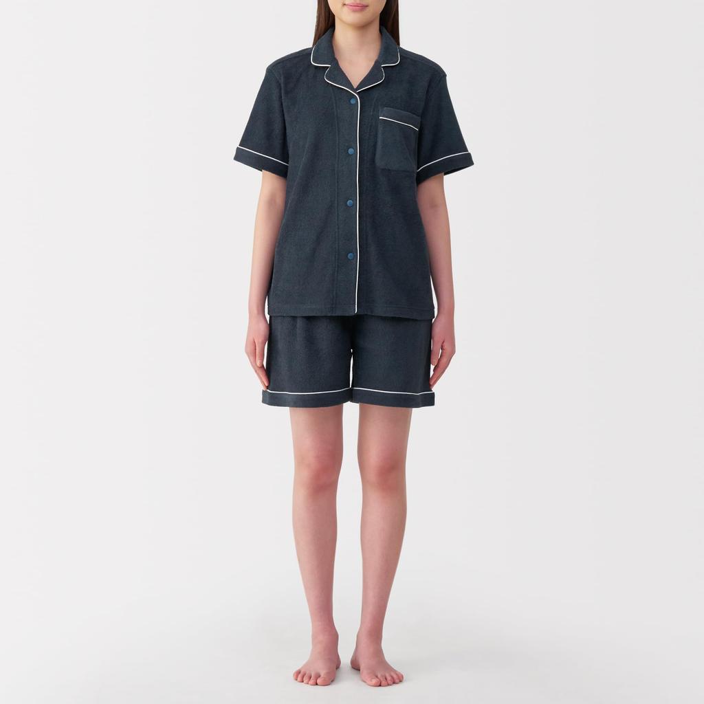 MUJI Tile Dark Size Size XS Women's Double-Sided Short-Sleeve Pajamas, Navy, FD1L9A5S,