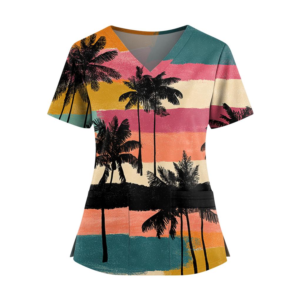Women's Hawaiian Print V-Neck Double Pocket Short Sleeve Uniform/ Top