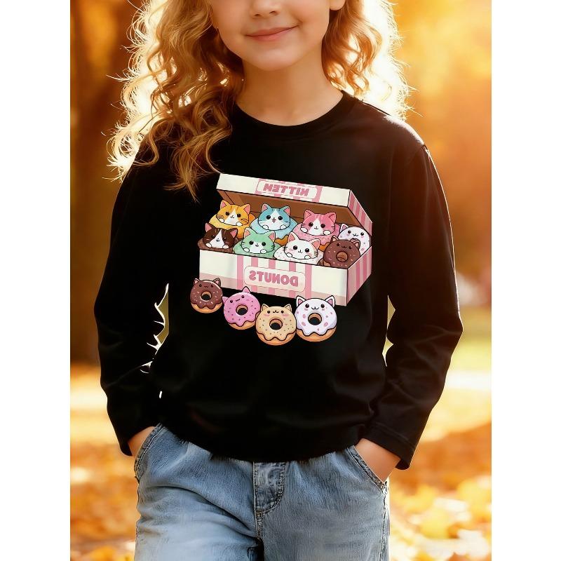 European sizes Kids' Long Sleeve Top, Fashionable Long Sleeve T-Shirt for Kids, Cute Cartoon Cat and Donut Print Top