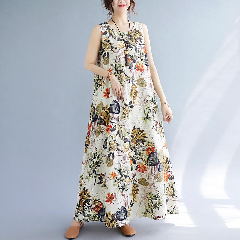 Plus Size Women Summer Retro Floral Print Sleeveless Dress Round Neck Cotton Linen Loose Long Maxi Dresses