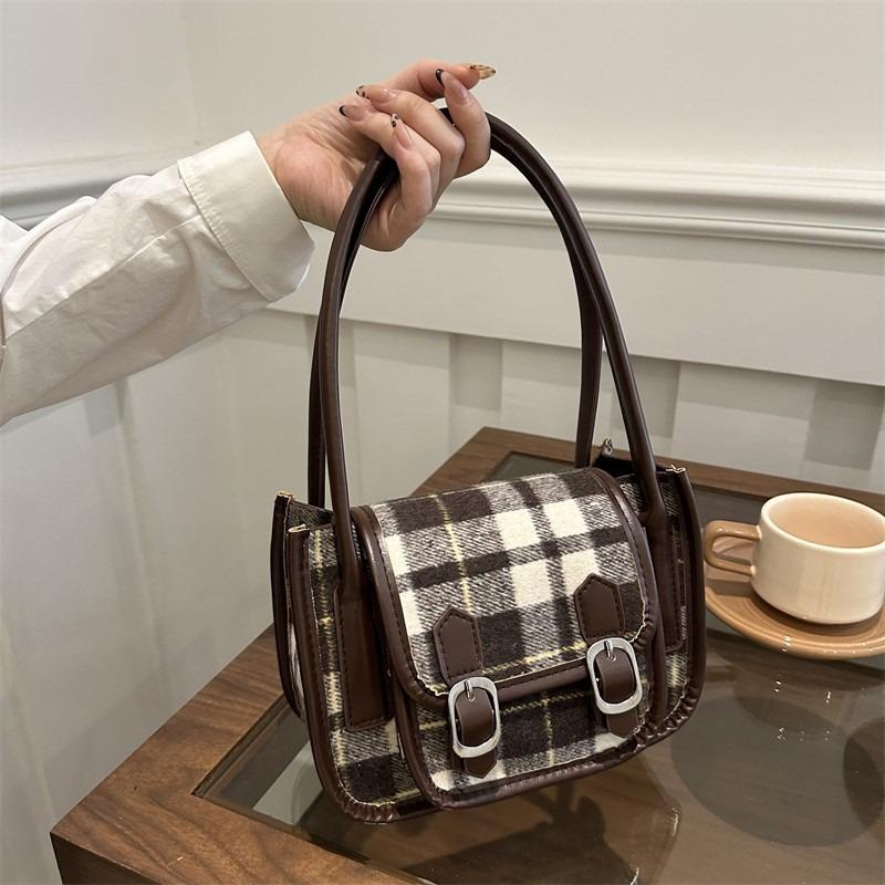Herbstliche Wollplaidtasche Damen neue trendige Achseltasche Retro Nische Ein-Schulter tragbare kleine quadratische Tasche