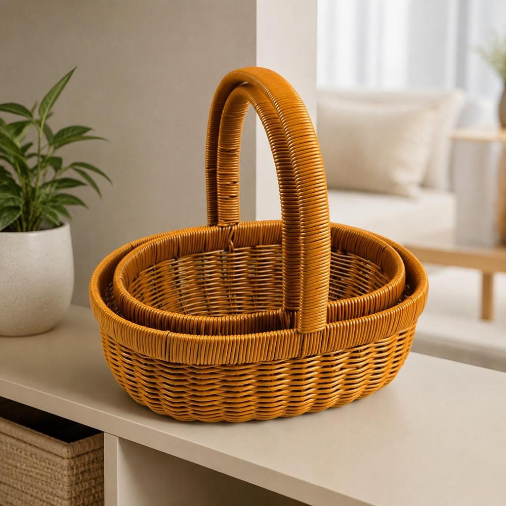 2 Pieces Handwoven PP Shopping Basket Multifunctional Wicker with Handle Washable