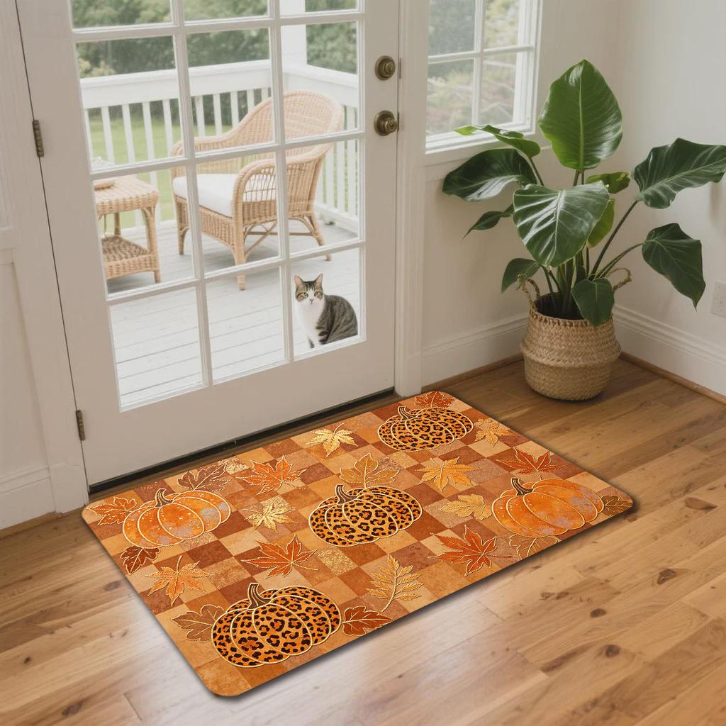 Fall Pumpkin Floor Mat Leopard Print Maple Leaf Checkered Pattern Anti‑Slip Washable Doormat Entryway Porch Home Decor