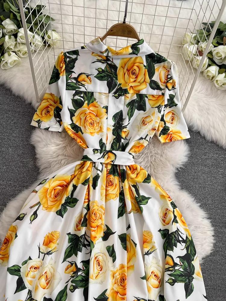 Vestido de pasarela con estampado de diseñador para mujer, elegante vestido de fiesta con cuello vuelto y camisa rosa amarilla