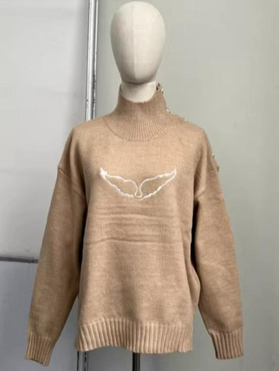 2025 Autumn/Winter Women's European & American Turtleneck Sweater with Wing Embroidery & Shoulder Buttons