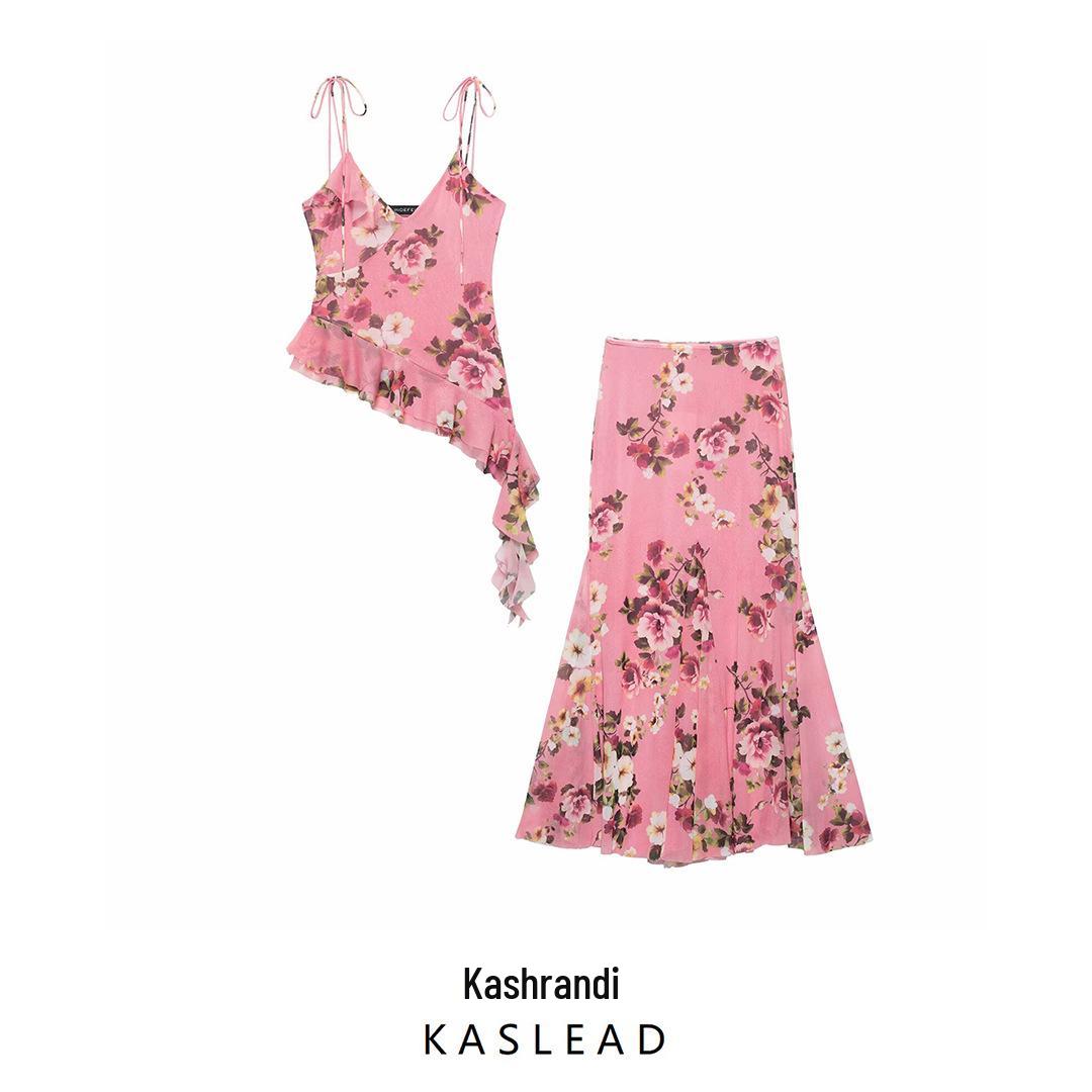 

2025 Spring European & American Style Women s Print Silk Camisole and Skirt Set S