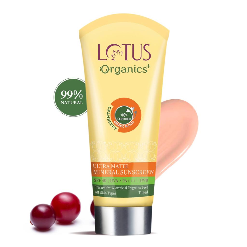 Lotus Organics+ Ultra Matte Mineral Sunscreen | SPF 40 PA+++ | 100% Certified Organic Cranberries | Water & Sweat Resistant | For Oily, Dry, Normal