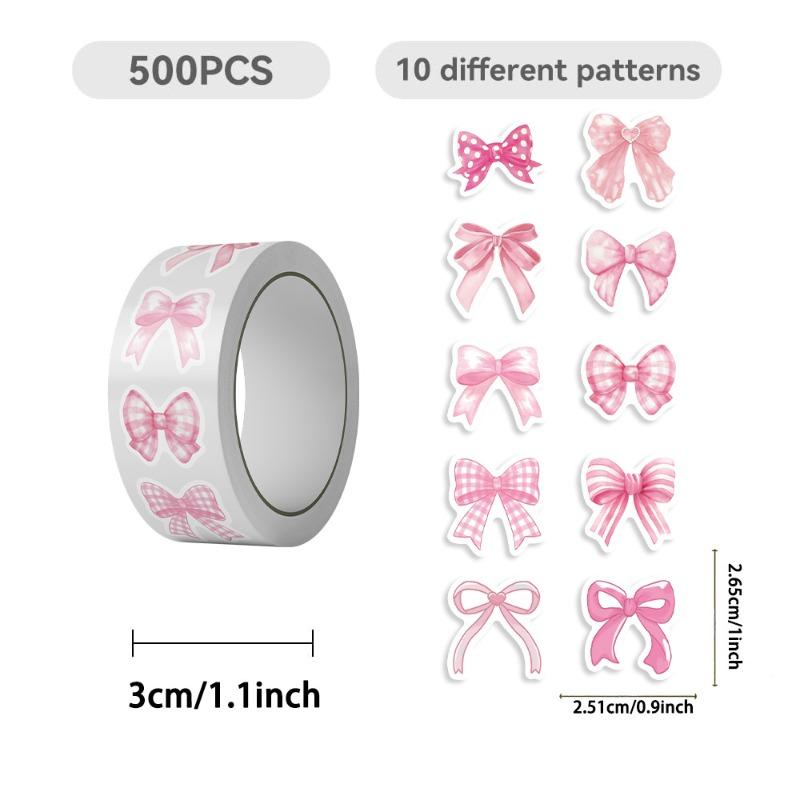 500 Sheets Per Roll of Cute Cartoon Pink Bow-shaped Sticker Decorative Stickers for Mobile Phones and Water Bottles, Water-resistant.