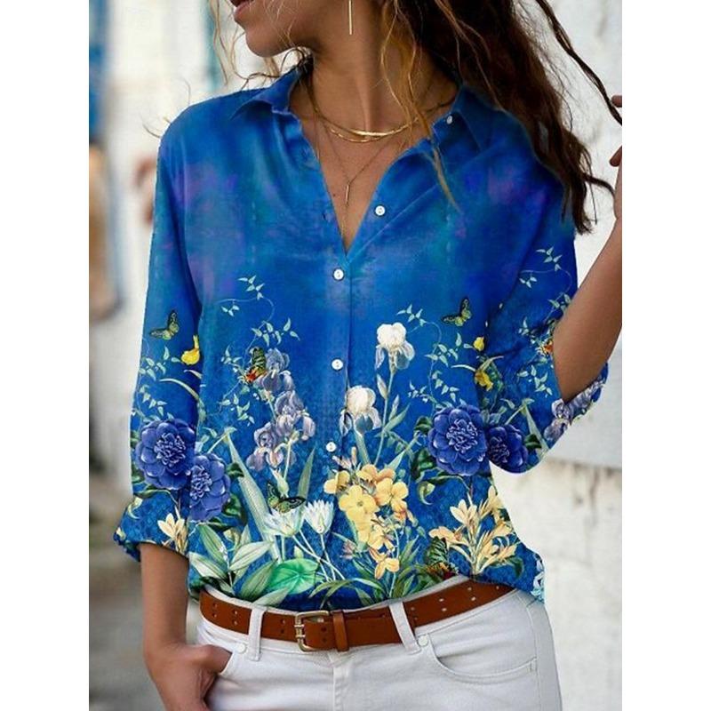 Women's Shirts Ombre Floral Graphic Stylish Casual Long Sleeved Shirts Collar Regular Tops Daily Buttons Women's Clothing