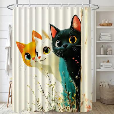 Cute Cat Washable Dirt-Resistant Shower Curtain Shower Head Waterproof Polyester Bath Curtain For Home Decor Accessories