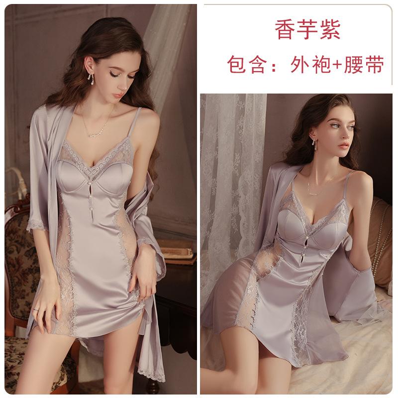 Pure desire perspective mesh underwear sexy deep V plus chest pad temptation satin nightdress robe women's suit