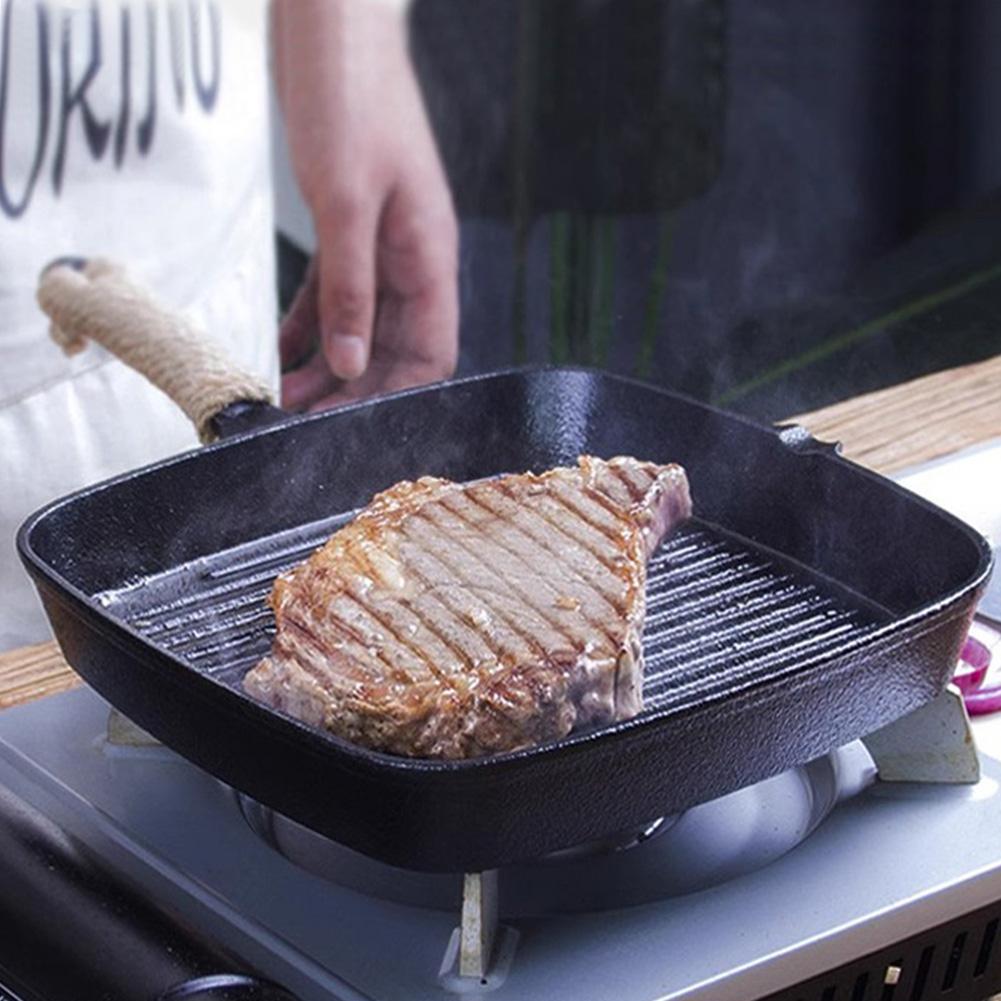 Cast Iron Steak Frying Pan Non-coated Steak Skillet Non-stick Thickened Fish Frying Pan Square Stripes Pan Kitchen Supplies Home