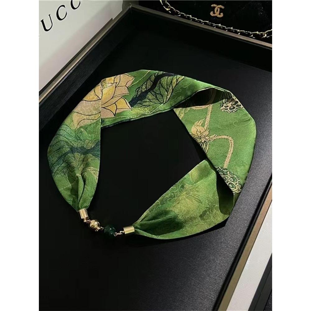 National Style Fragrant Cloud Yarn Magnetic Buckle Necklace Silk Scarf Women'S Summer Pearl Collarbone Chain Versatile High-End Scarf Neck Protection