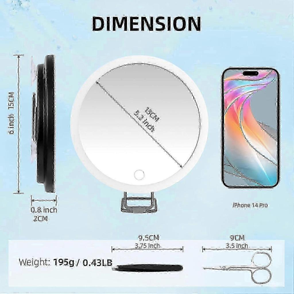 30x Magnifying Mirror With Light, 15cm 3 Color Modes Dimming, With 3 Suction Cups And 360 Table Stand
