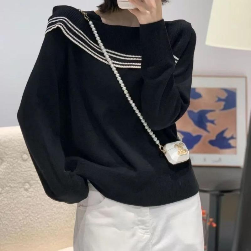 French High-end Slant Collar Off-shoulder Contrast Striped Sweater for Women Loose Slim and Versatile Long-sleeved