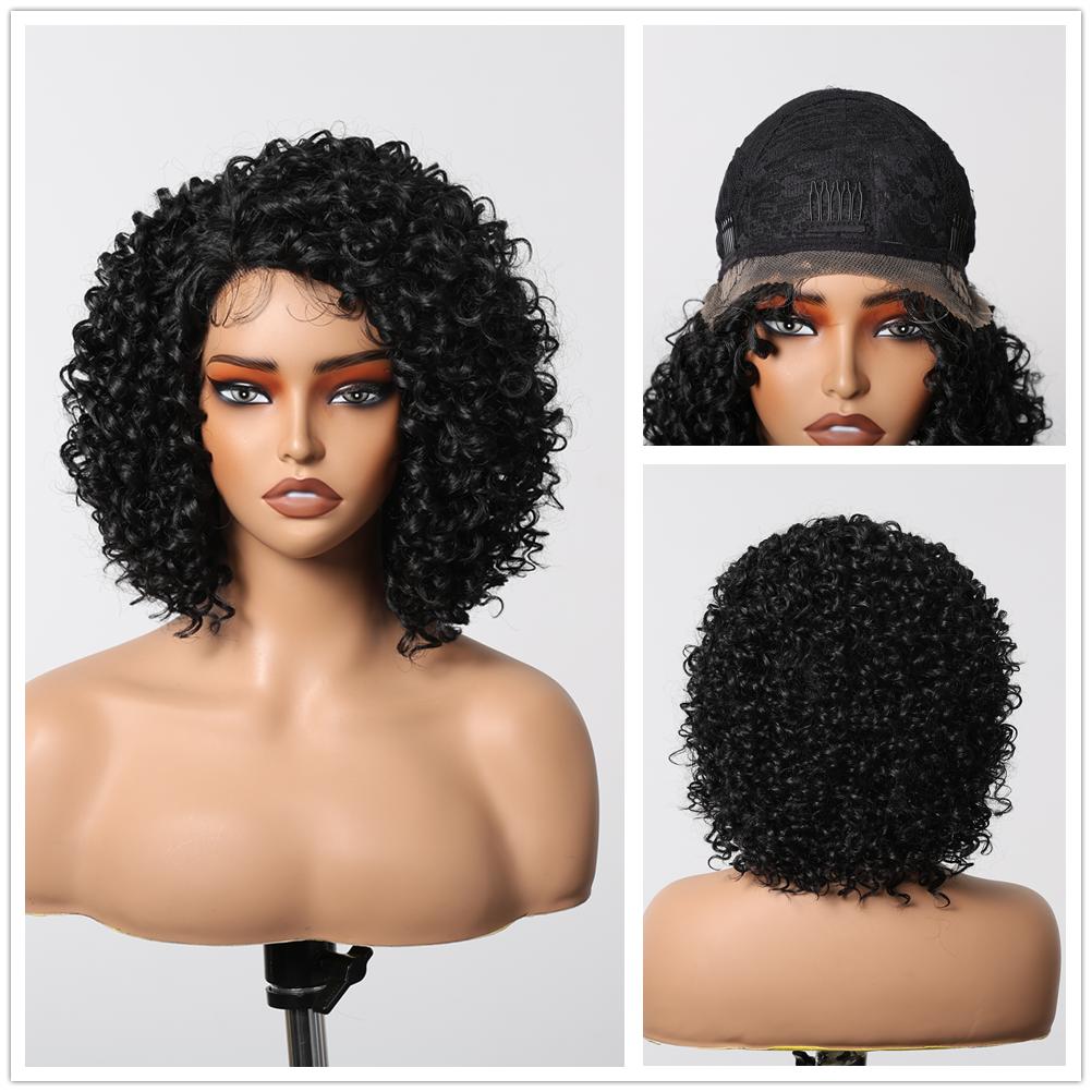 ALAN EATON  13x1  Lace Front Wig Black Short Deep Curly Wigs for Black Women Hair Daily Party High Density Heat Resistant