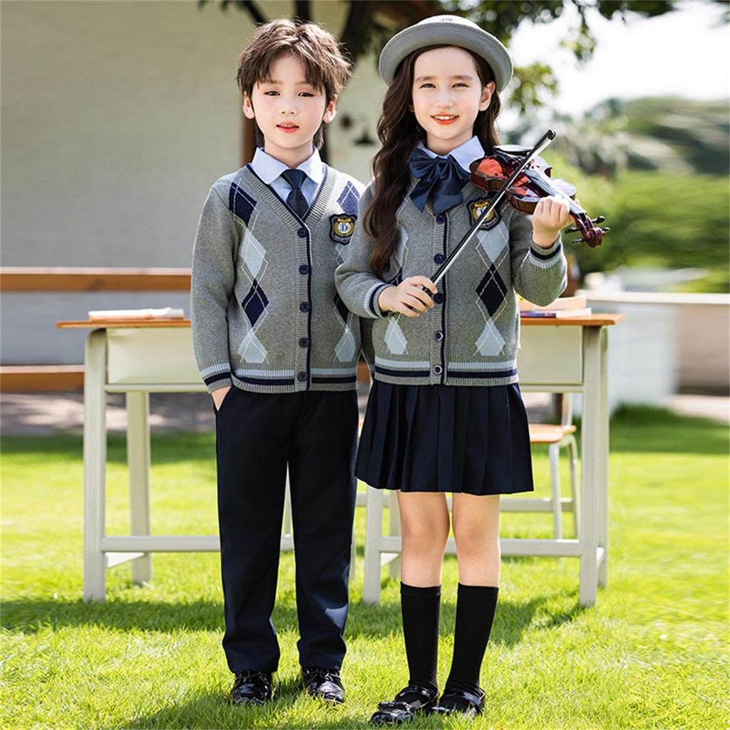 Britský styl Pletený třídílný set školní uniformy pro mateřské a základní školy - Jaro, Podzim a Zima