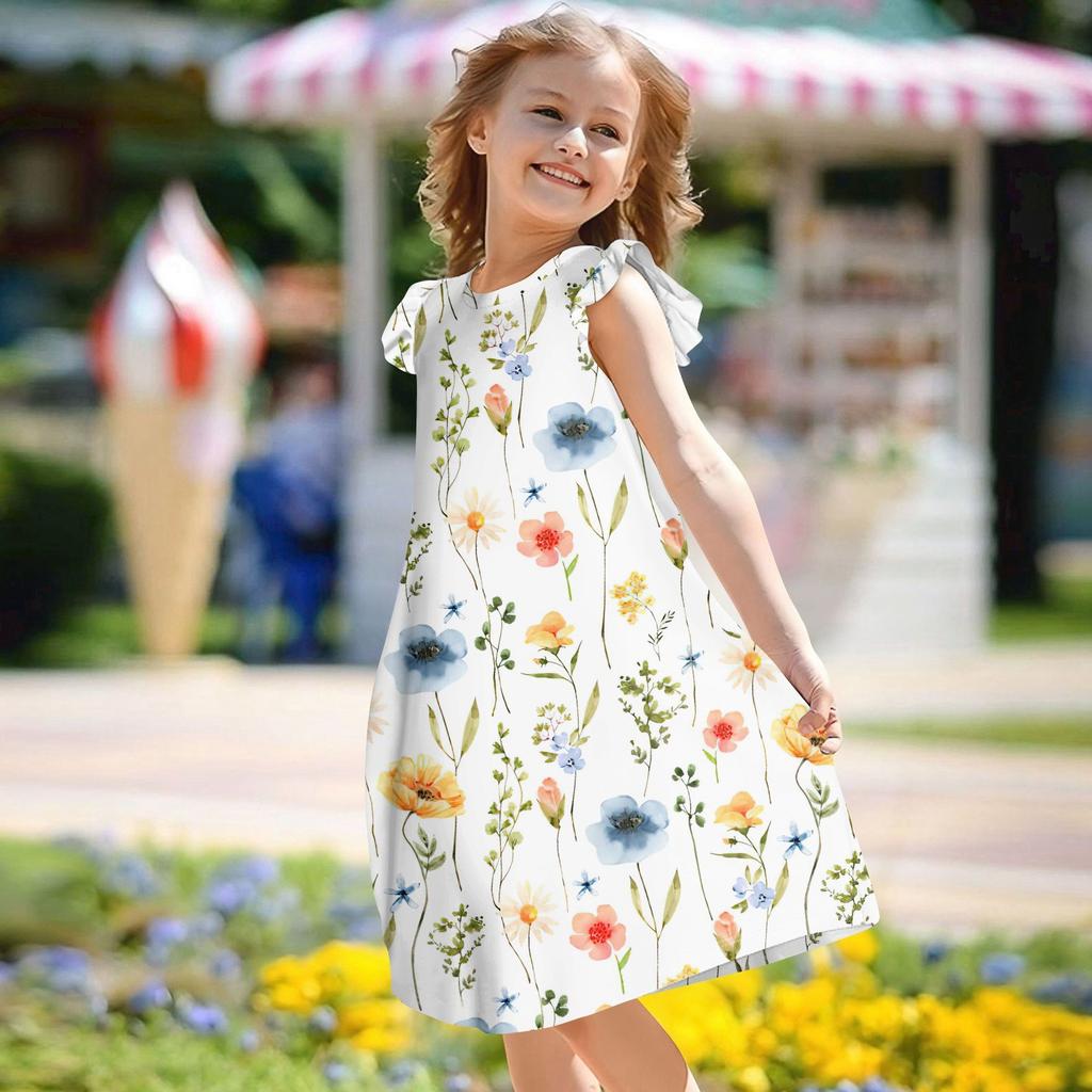 Children's Flying Sleeve Round Neck Summer A-Line Casual Holiday Floral Print Loose Dress
