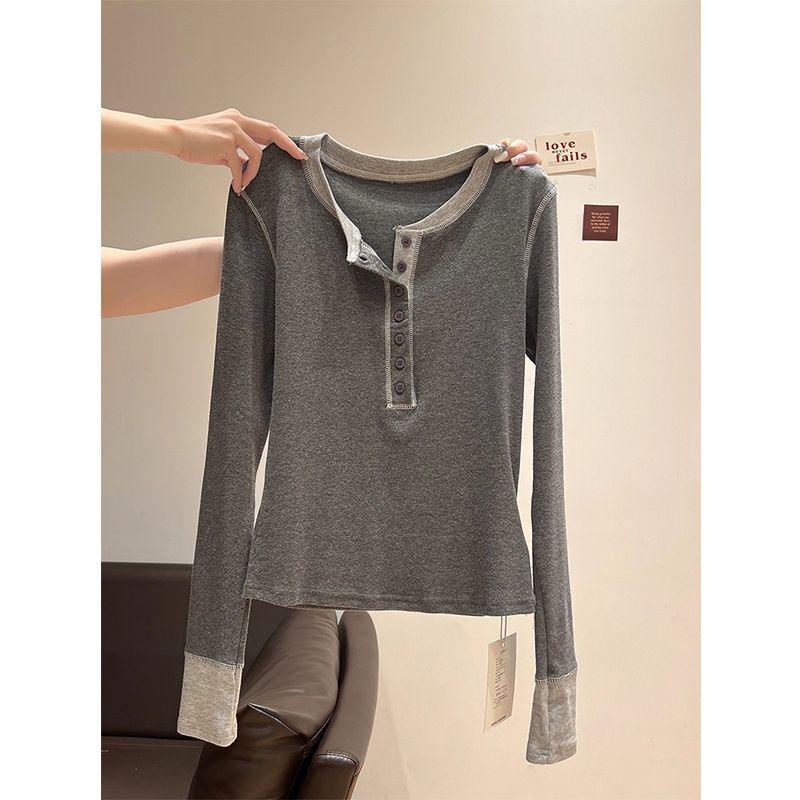 Women s Colorblock Spicy Girl Long Sleeve Slim Fit Collar T-shirt, Early Autumn 2025 Large темно-серого