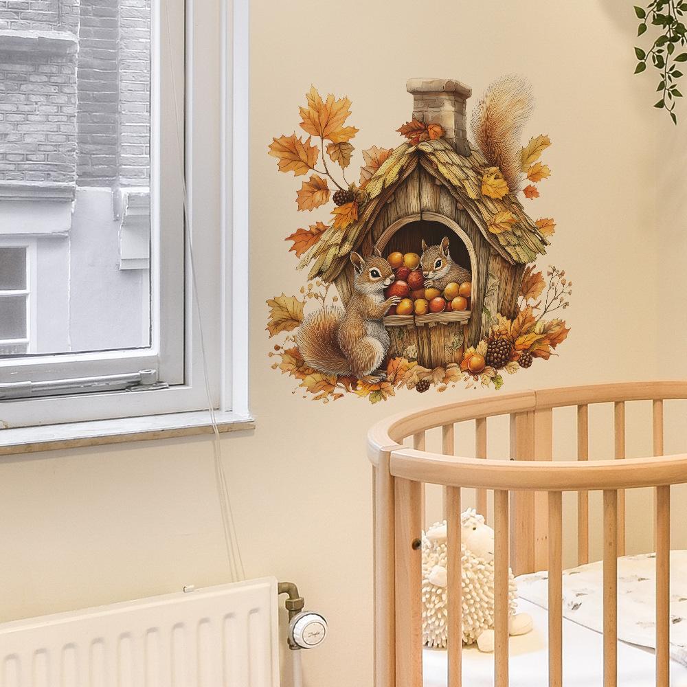 Cartoon Cabin Squirrel Nuts Bedroom Living Room Home Wall Background Beautification Decoration Wall Stickers