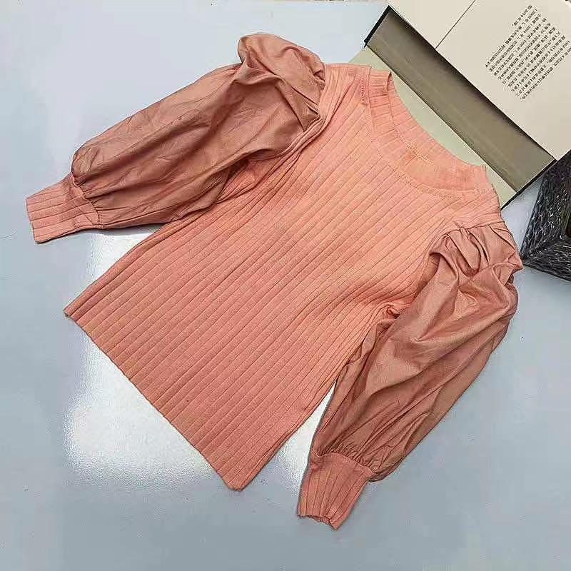 Girls' Puff Sleeve Ribbed Long-Sleeve Top - Casual Spring 2025