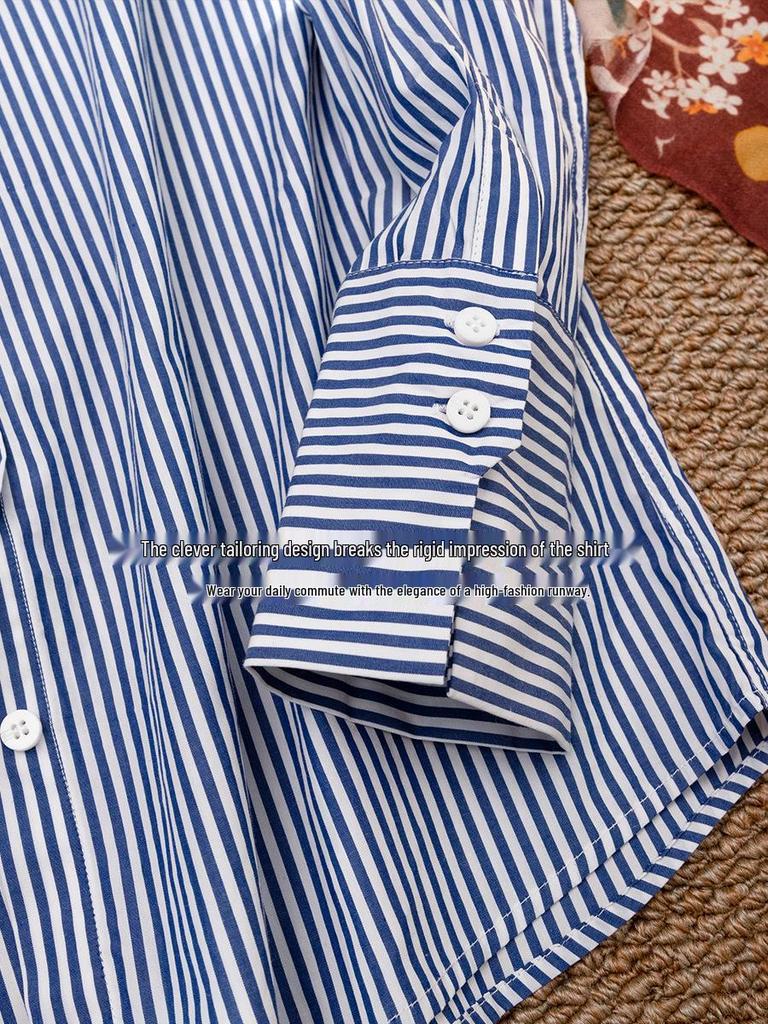 Women's Slimming Long Sleeve Cotton Shirt, Blue Striped, 100% High-Density Cotton.