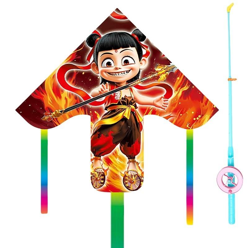 

1 Set Cartoon Nezha Foldable Mini Plastic Kites Hand Brake Fishing Rod Children Kite Toy Kids Fun Outdoor Toys