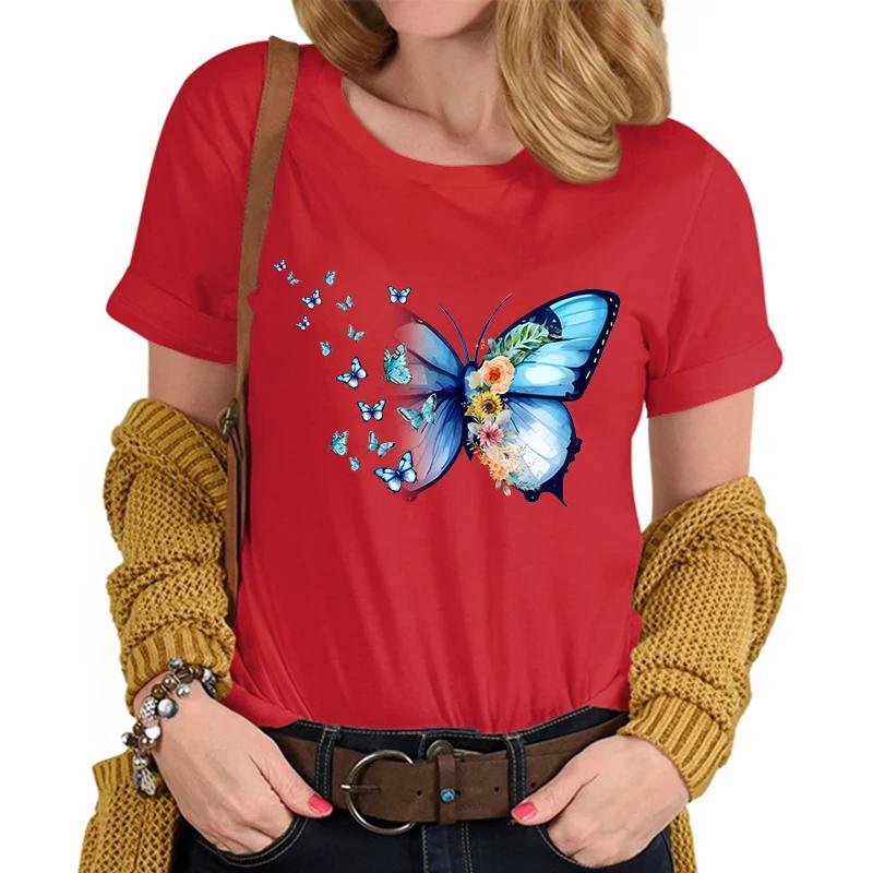 Flower Butterfly Lover Casual Tops Vintage Flower Design Tshirt Female Butterfly Print Premium Casual Short Sleeve TShirt Women