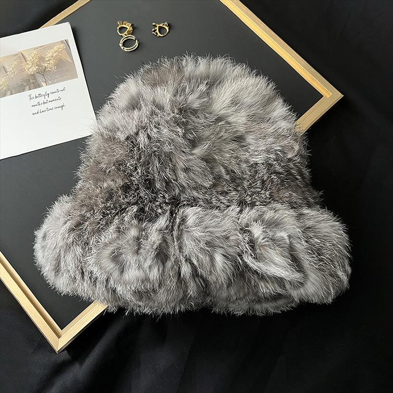 Women S Winter Warm Fluffy Rabbit Fur Blend Knit Bucket Hat