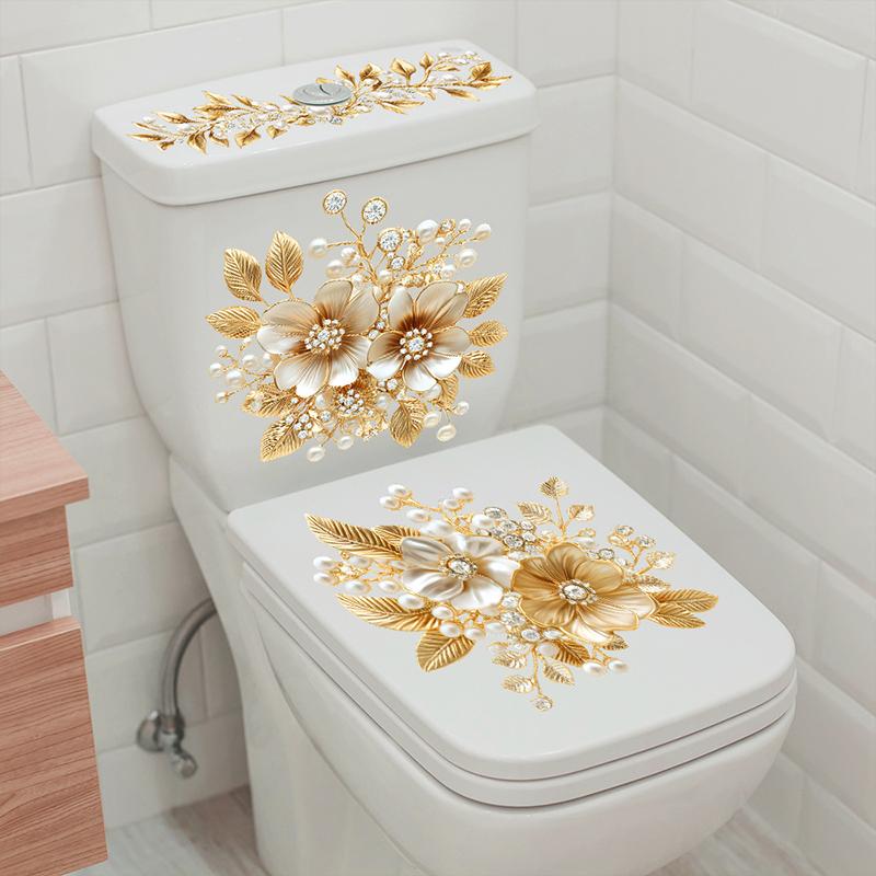 Luxuriöser Diamantbesetzter Goldener Blumiger Toiletten-Dekorationsaufkleber Selbstklebend Wasserdicht Und Langlebig