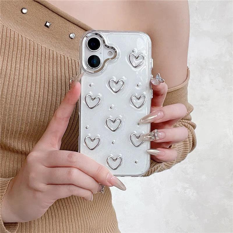 Hollow Love Phone Case For iPhone17promax Beads Decorated 14 Transparent For Apple 15 Soft Case