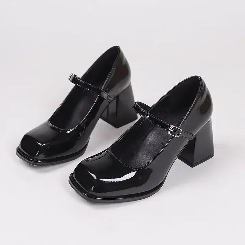 Damen Sommer Schwarz Neu Kleine Lederschuhe Mary Janes Vintage Schnalle Rutschfeste Sandalen Frau Mittelhohe Absätze Lässige Elegante Absätze