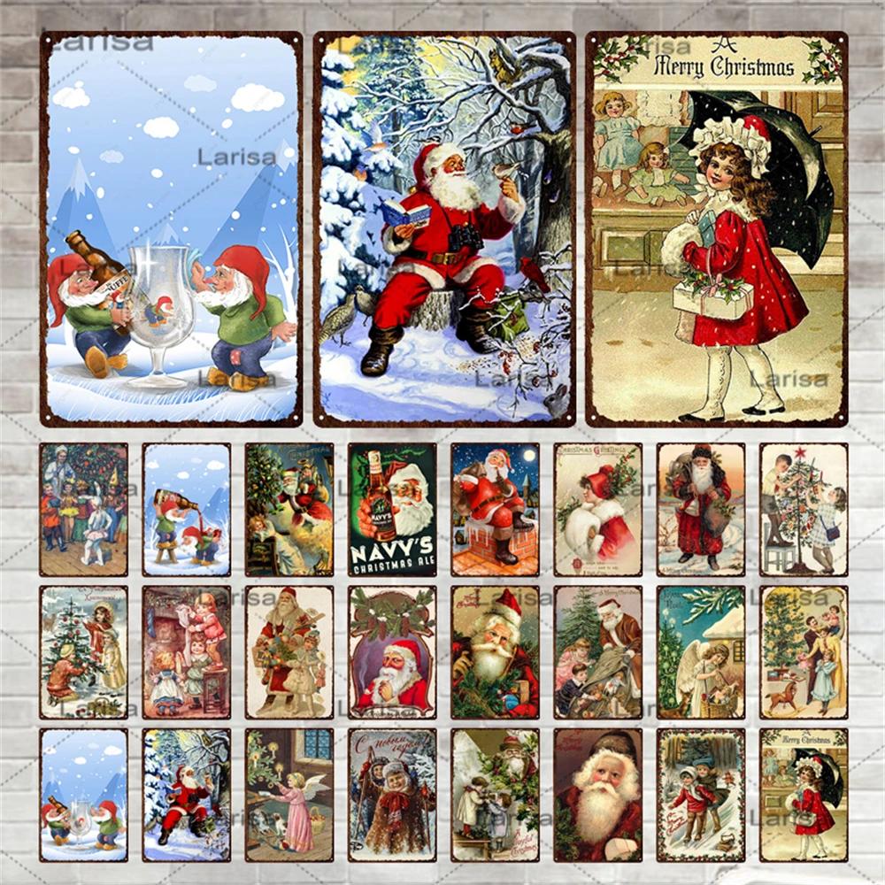 Christmas Vintage Tin Sign Santa Claus Plaque Metal Retro Plate Poster for Club Living Room Kitchen Home Wall Art Decoration