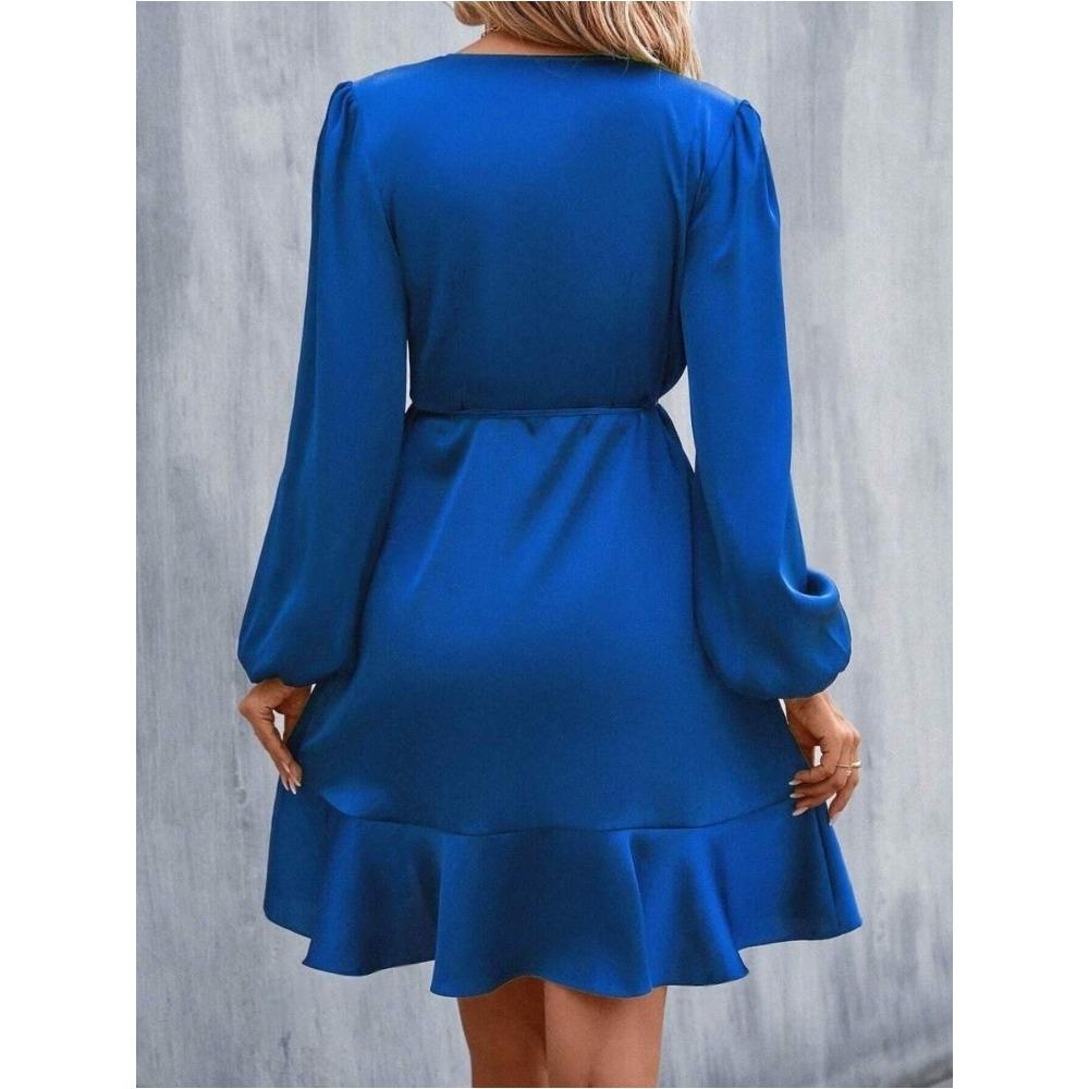 Women's V-neck Dress Satin Waist Cinched Low Cut Casual Mid Length Skirt Sweet Style New Item
