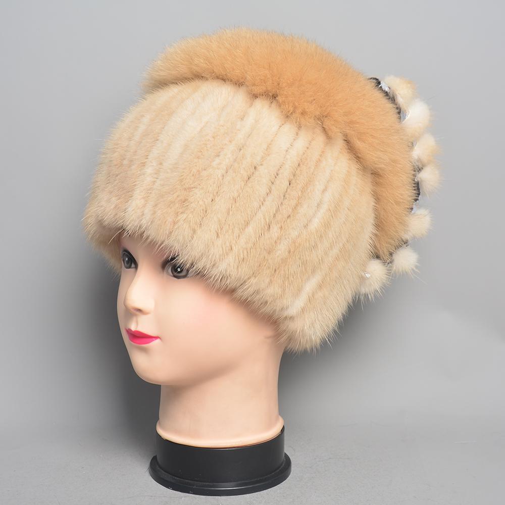New Women Knitted Mink Fur Hats For Winter Hot Sale Luxury Lady Real Mink Fur Warm Caps Fashion Bowknot Fur Bonnets