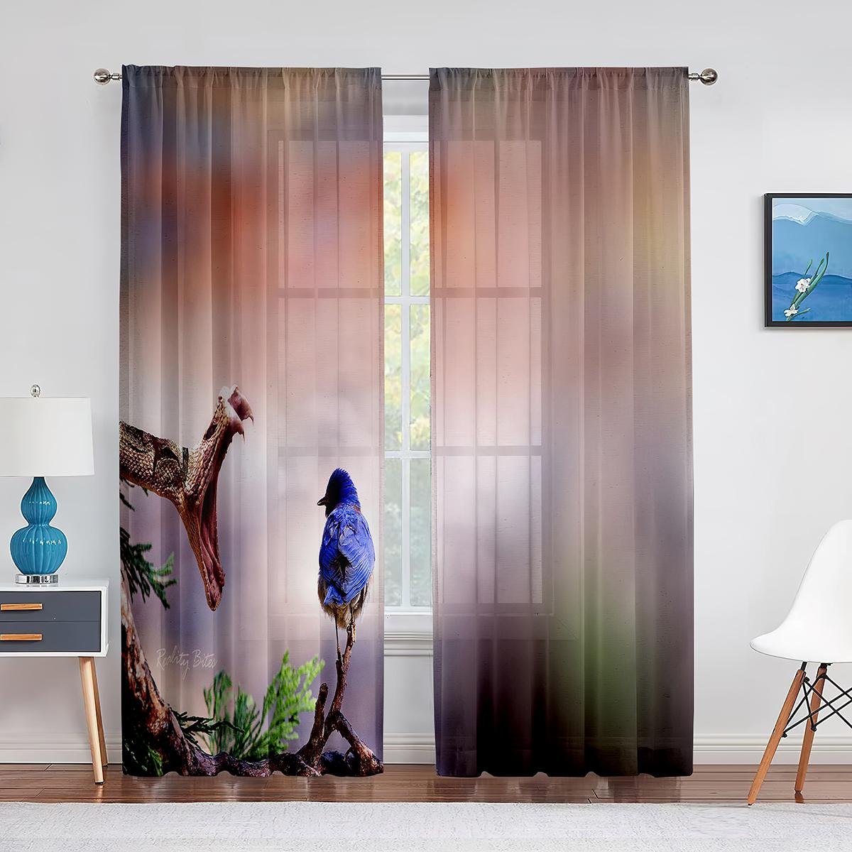 Тюлевые прозрачные шторы с милой синей птицей на ветке дерева для гостиной — фото 10