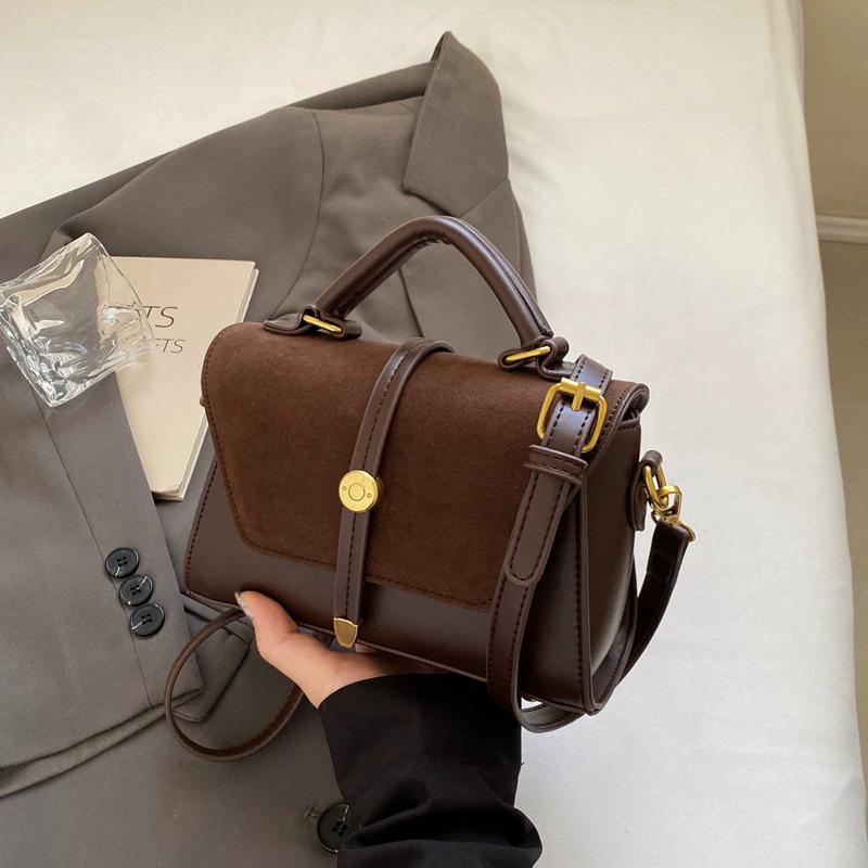 Women's Retro Contrast Stitch Small Square Bag Niche Design Brown Tone Shoulder Handbag with Metal Buckle, Fashion Crossbody Satchel