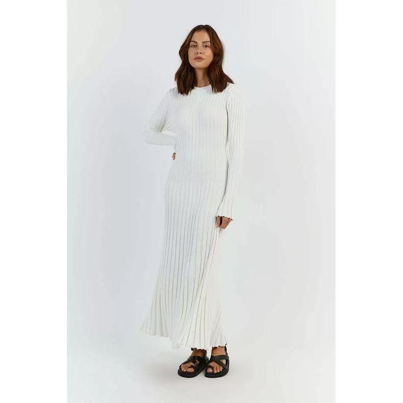

Western Style Crew Neck Long sleeve Knitted dress Solid Color round Neck Knit Dress White XL